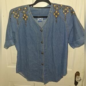 Vintage 80s Bingo Bingo Denim Cotton Studded Top Size 12p Retro Boho Western